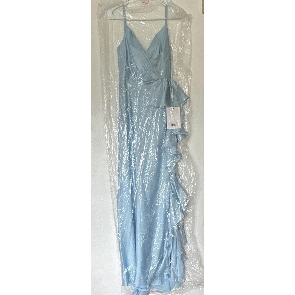 Mac Duggal Blue Sleeveless V-Neck Ruffle Slit Floor-Length Maxi Dress size 4 - Picture 4 of 7